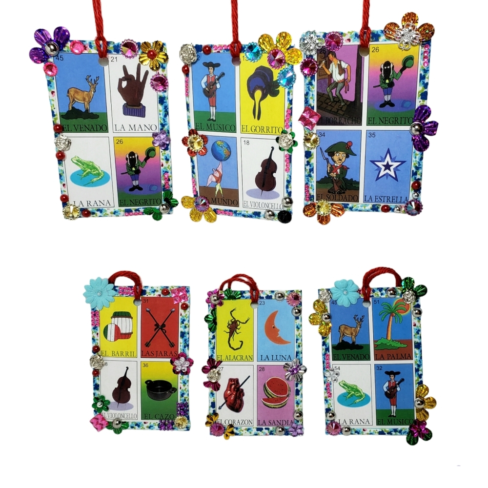 Handmade Loteria Christmas Hanging Ornament Mexican Style 4.5" 6 Count